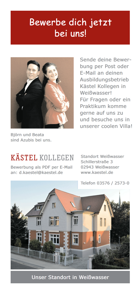 Ausbildungsflyer: Bewerbe dich jetzt bei Kästel Kollegen